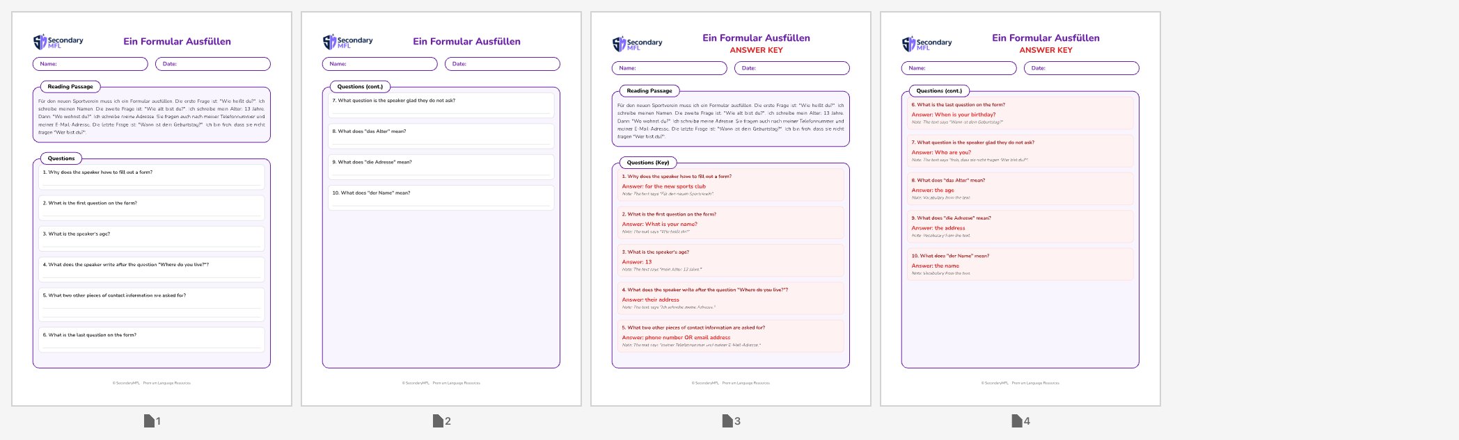 Formular German Example German Ein Formular Ausfüllen — KS3 | SecondaryMFL